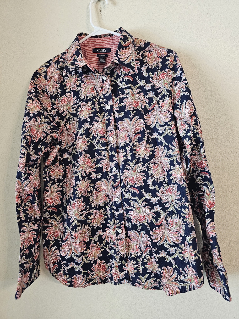 Chaps Women’s Navy Button-Down Shirt with Pink and Cream Paisley Print